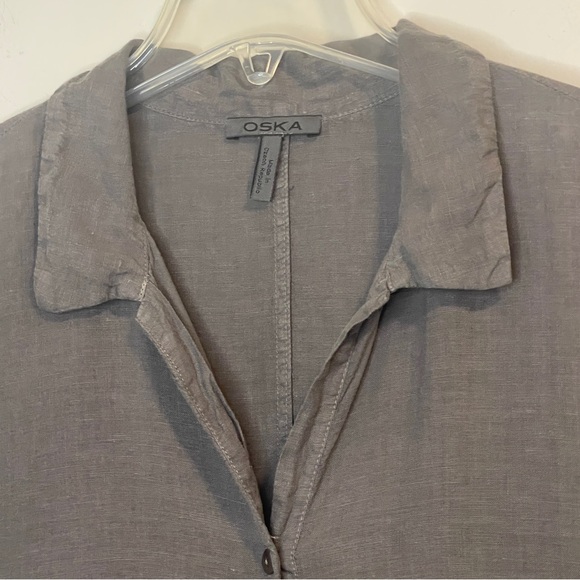 OSKA Casual Gray Linen Button Down Shirt Dress with Relaxed Silhouette - Picture 2 of 6